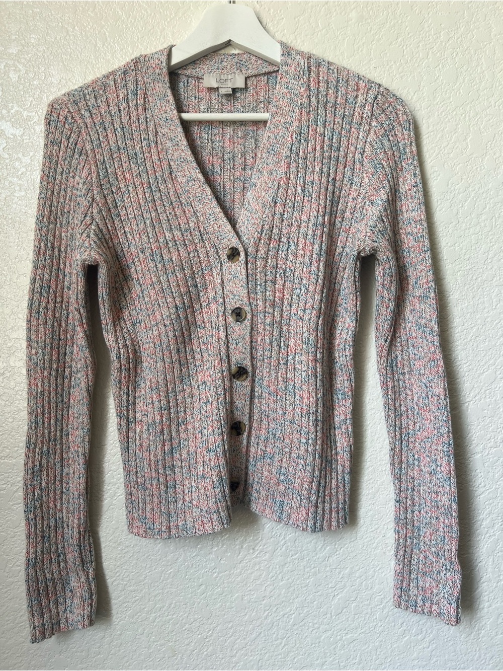 LOFT Marled Ribbed Cardigan Sweater - Pastel Rainbow Knit - Size S